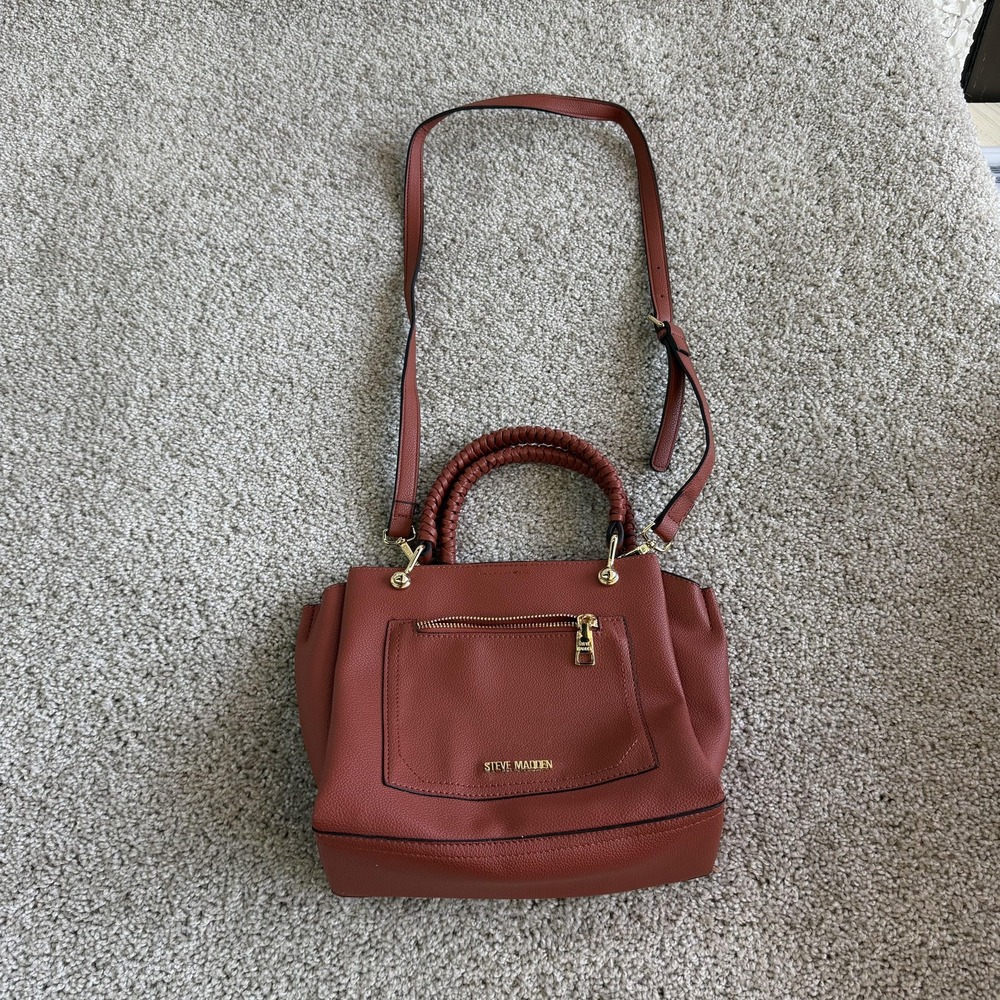 Steve Madden Satchel Bag Womens Medium Brown Faux Leather Magnetic Crossbody